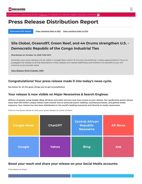 First page of the press release distribution report