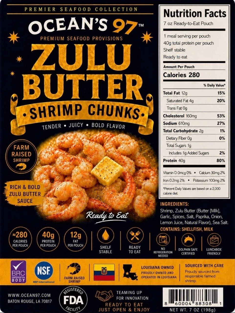 Zulu Butter Shrimp Chunks pouch label, front and nutrition panel